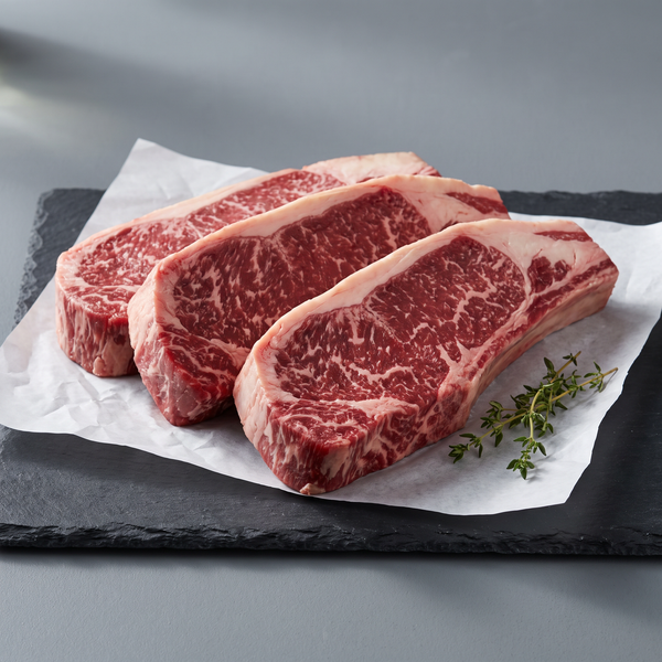 KC Strip Steak — thick-cut Kansas City strip loin steaks on butcher paper