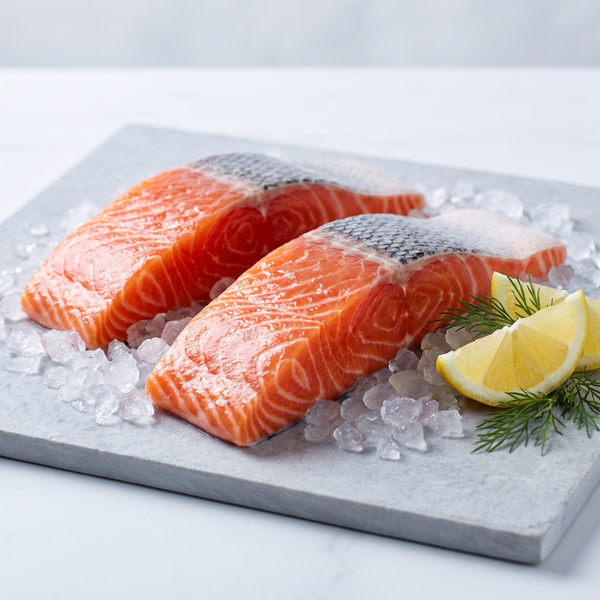 Fresh King salmon fillet portions on ice