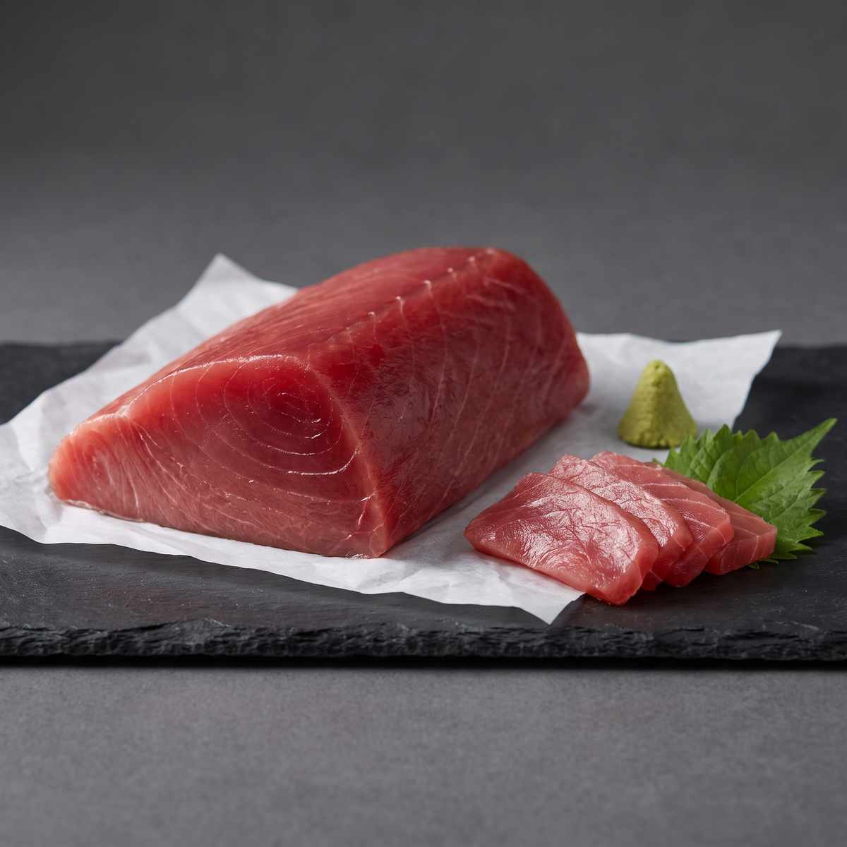 AAA #1 Ahi Tuna Sashimi Saku Block — sashimi-grade yellowfin tuna saku block with sliced sashimi